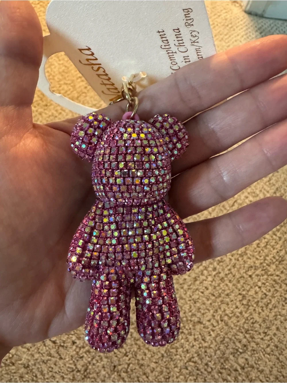 NWT Natasha Couture Pink Crystal Teddy Keychain with Braided Loop Bag Charm